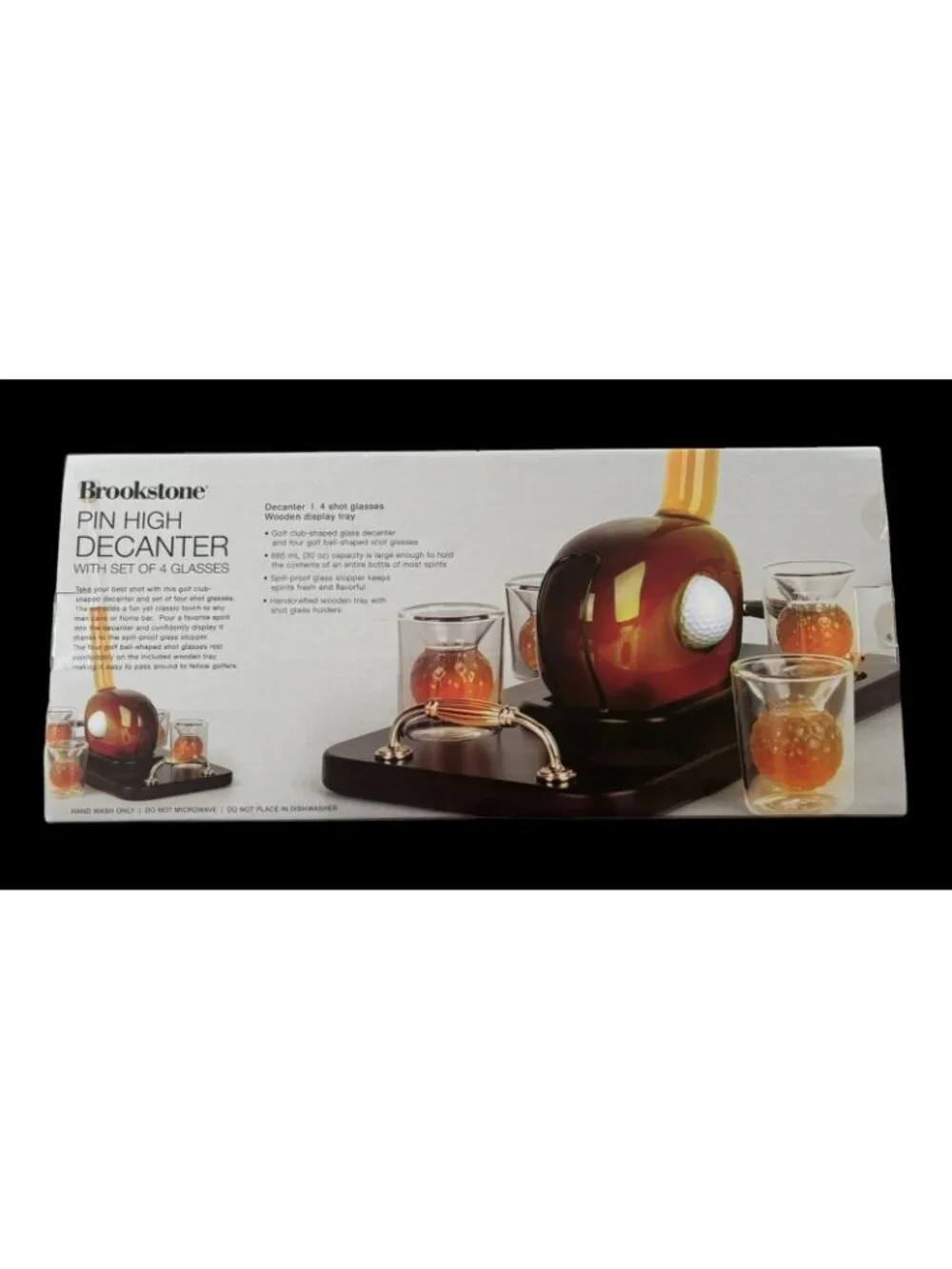 Brookstone Pin High Decanter Set with 4 Shot Glasses & Wooden Tray - New in Box